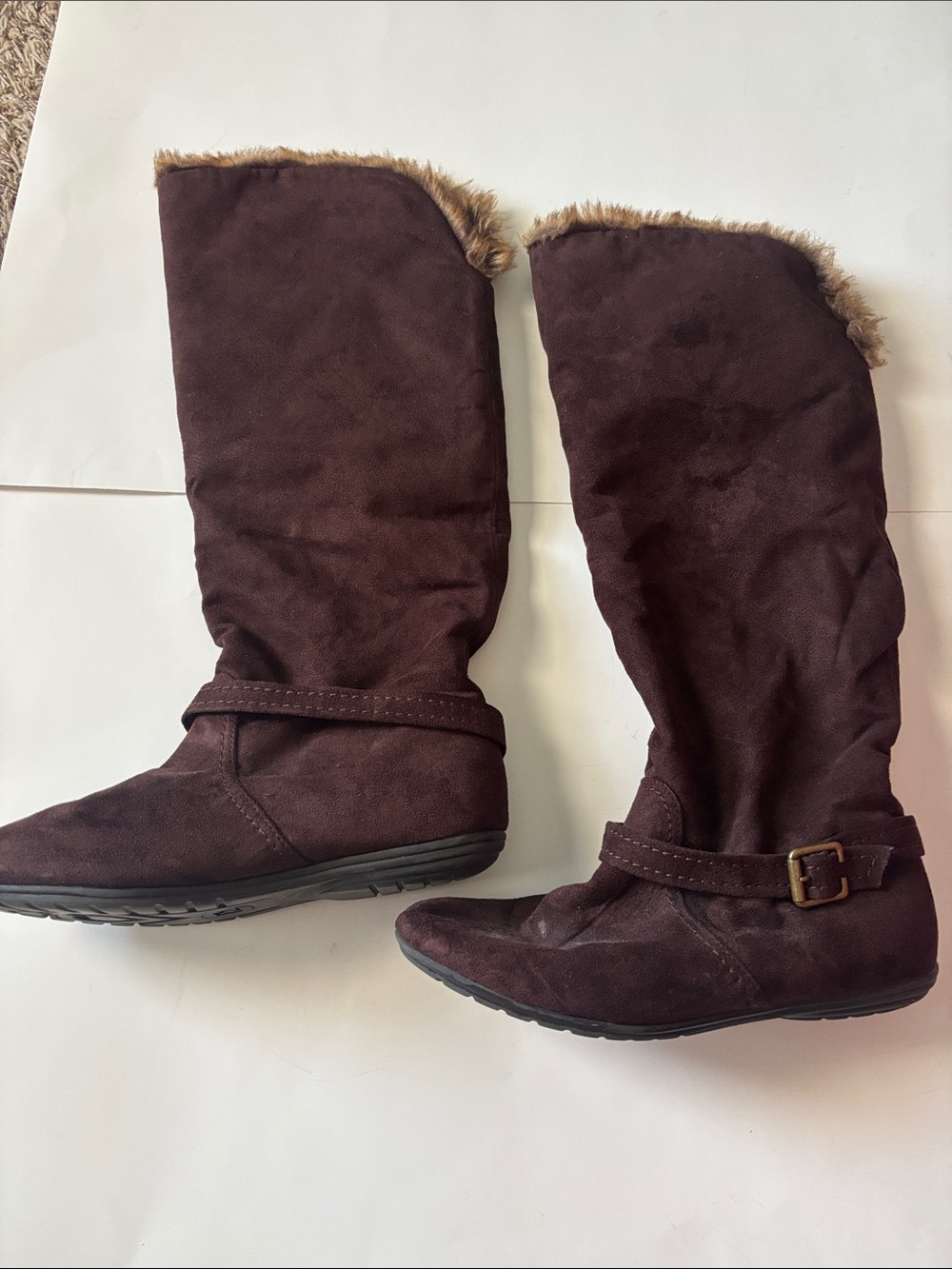Women’s Faux-Fur Trim Brown Suede Knee-High Boots versatile Size 9